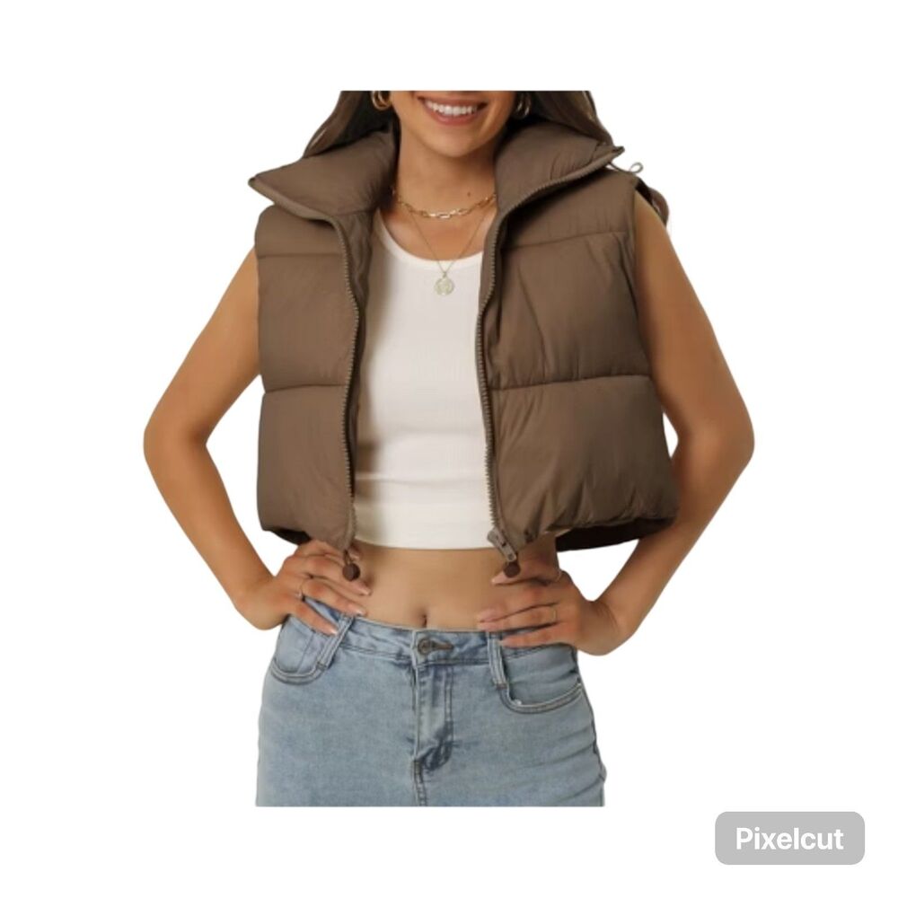 NWT Seta T Size LgHigh Stand Collar Lightweight Zip Puffer Crop Padded Vest Size